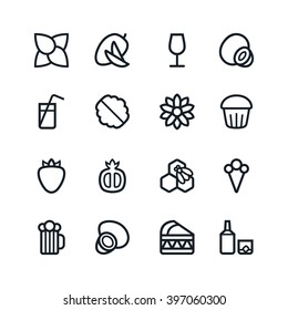 Fruit and desert icons in thin line style. Black print on white background