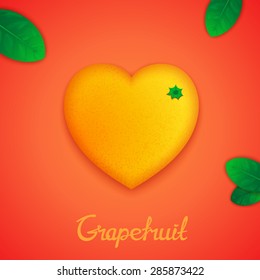 Fruit design concept. Photorealistic surround grapefruit in the form of heart with green leaves