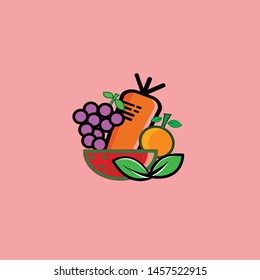 the fruit design logo, with dark red background