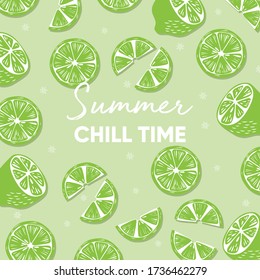 Diseño de frutas con eslogan tipográfico de verano en época chill y fruta fresca de cal sobre fondo verde claro. Ilustración de vector plana colorida