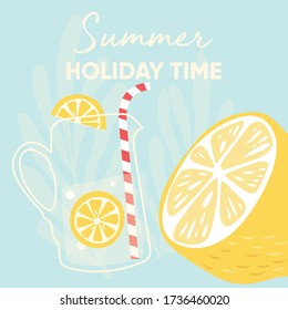 Diseño de frutas con eslogan tipográfico de vacaciones de verano y limonada fresca y limonada sobre fondo azul claro. Ilustración de vector plana colorida