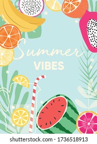 Fruit design with summer vibes typography slogan and fresh fruit and lemonade on light blue background. Collection of tropical fruits. Colorful flat vector illustration