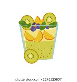 Fruit dessert isolated on a white background. A glass with juicy fresh fruits and berries. Design for banner, menu cafe, postcard. Souffle with kiwi, orange, blueberry, mint. Vector illustration.