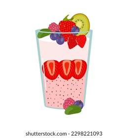 Fruit dessert isolated on a white background. A glass with juicy fresh fruits and berries. Kiwi, raspberry. blueberries, mint, strawberries. Design for banner, poster, menu cafe. Vector illustration.