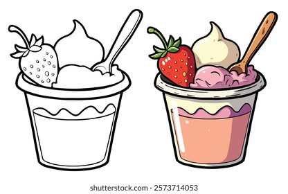 Fruit and Dessert Line Art Vector Illustration Black and White with Coloring Sample. Bold and Easy Food, Sweets, Drinks, Dessert, and Snacks Coloring Pages for Adults and Kids.
