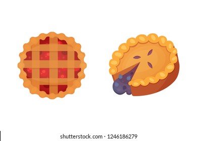Fruit dessert pie vector icons in cartoon style. Sweet bakery product, berry cake vector illustration.