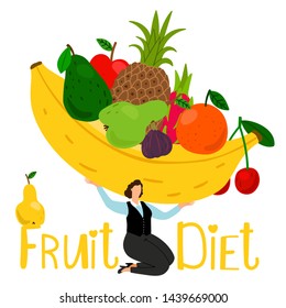 Fruit diet vector composition. Girl holding fruit illustration. Fruit food diet, banana and pear