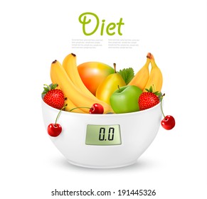 Fruit with in a digital weight scale. Diet concept. Vector.