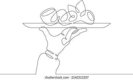 Fruit Dish. Vegetable Salad.One Continuous Line Drawing.The Waiter Carries Food On A Tray. Food In A Restaurant. A Hand Holds A Tray. Line Art Isolated White Background.