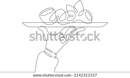 Fruit dish. Vegetable salad.One continuous line drawing.The waiter carries food on a tray. Food in a restaurant. A hand holds a tray. Line Art isolated white background.