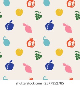 Fruit doodle abstract seamless pattern. Geometry minimalistic organic food, banner in cartoon flat style. Textile, wrapping paper, wallpaper design. Print for fabric. Vector isolated icon illustration