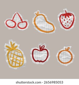 Doodle de frutas dibujado a mano con pincel. hay cereza, fresa, piña, manzana, naranja y mango.