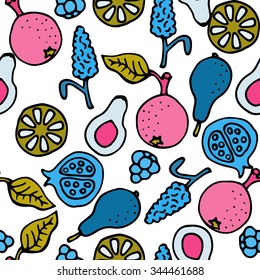 Fruit doodle hand drawn seamless vector pattern. Ink pen sketched food blue and pink background.