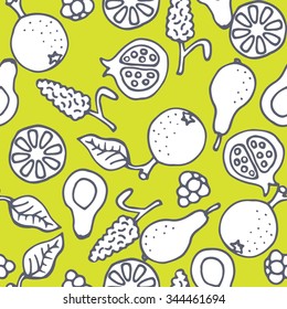 Fruit doodle hand drawn seamless vector pattern. Ink pen sketched food monochrome on green lime background.