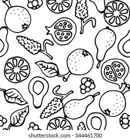 Fruit doodle hand drawn seamless vector pattern. Ink pen sketched food monochrome coloring background.