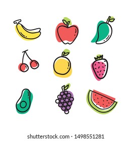 fruit doodle icon set in isolated white background