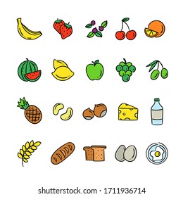 Fruit doodle icon set isolated on white background. Cute hand drawn fruit, diary and bread collection. Vector food illustrations