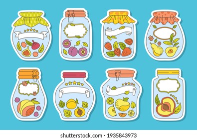 Fruit doodle jar label and sticker set. Price tag packaging jam glass jar drawing for notes, date. Cartoon juice peach plum, apricot apple. Frame product farmer market mockup vector illustration