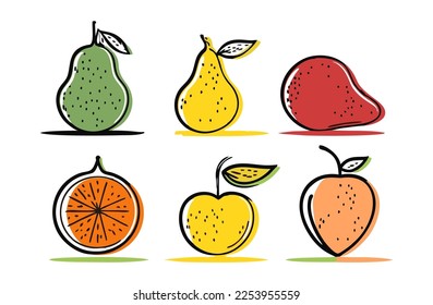 Fruit doodle. Natural tropical fruits, doodle citrus orange and vitamin lemon. Vegan cuisine with hand drawn apple, organic fruits or vegetarian food.