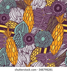 Fruit doodle outline sketch pineapple leaf floral abstract seamless repeating
pattern. Ethnic motives, unusual style mixes geometric and plant elements
