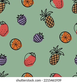 fruit doodle pattern. colored spots. on a green background. blackberry, pineapple, strawberry, orange