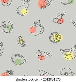 Fruit doodle, seamless pattern. Black outline and colored spots. Summer fruit vector background. Whole fruits and slices.