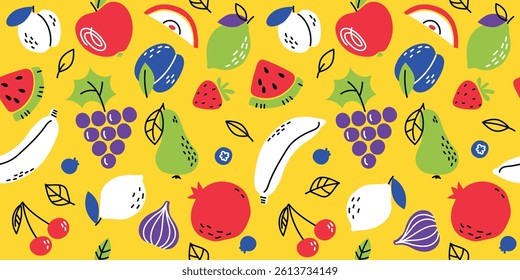 Fruit doodle seamless pattern. Continuous background. Fresh ripe fruits in pieces and whole on yellow background. Vector illustration