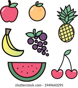 Pegatinas de doodle de fruta que incluyen una manzana, naranja, sandía, cereza, piña, uva y un plátano. Dibujado con trazos grasos y colores brillantes - diseño plano. 