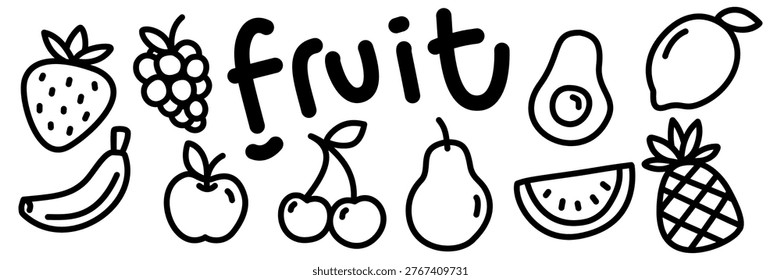 Fruit doodle vector icon set. Fruit icons with hand drawn doodle design style for graphic elements collection