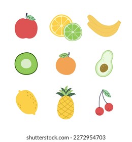 Fruit doodles. Natural fruits, doodles citrus orange and vitamin lemon, lime. Vegan cuisine with hand-drawn apple, bananas, avocado, pineapple. Organic fruits. Vegetarian food. A set of vector isolate