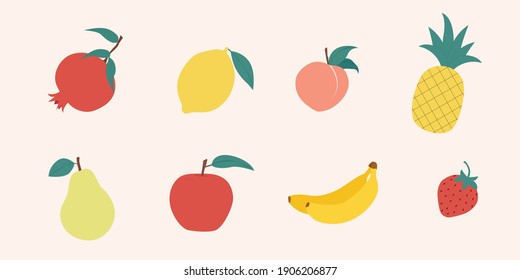 Fruit doodles. Natural fruits set. Pomegranate, lemon, peach, pineapple, pear, apple, banana, strawberry isolated background. Hand drawn, organic fruits. Modern colorful trendy vector illustration.