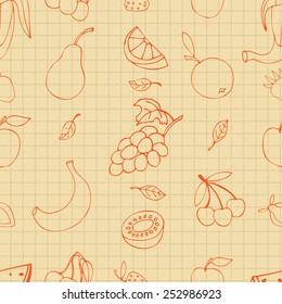 Fruit doodles seamless on squared notebook page background icons set of doodle vector illustration