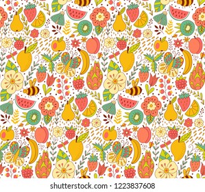Fruit doodles seamless vector pattern. Hand drawn summer backdrop with  fruit.