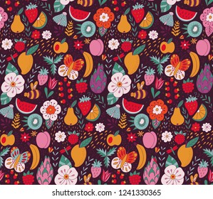 Fruit doodles seamless vector pattern. Hand drawn summer backdrop with fruit.