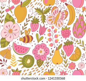 Fruit doodles seamless vector pattern. Hand drawn summer backdrop with fruit.
