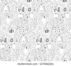 Fruit doodles seamless vector pattern. Hand drawn summer backdrop with fruit. - Vector illustration