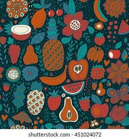 Fruit doodles seamless vector pattern. Hand drawn summer backdrop.