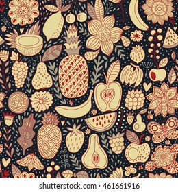 Fruit doodles seamless vector pattern. Hand drawn summer backdrop.