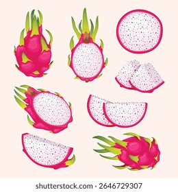 Fruit, Dragon Fruit, Tropical Fruits, Set of Vector Illustrations, Hand Drawn