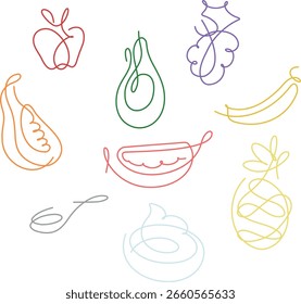 DIBUJO DE FRUTAS EN UNA SOLA LÍNEA - MANZANA, PAPAYA, AGUACATE, UVA, SANDÍA, PIÑA, PLÁTANO - EXTRAS, CUCHARA Y CREMA EN EL FRASCO
