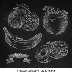 Fruit Drawn In Chalk On A Blackboard Set, Lemon, Apple, Banana, Kiwi