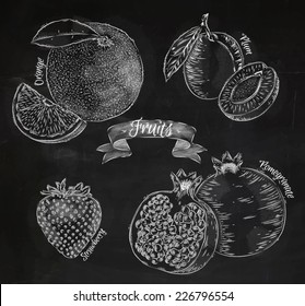 Fruit Drawn In Chalk On A Blackboard Set, Orange, Plum, Strawberry, Pomegranate