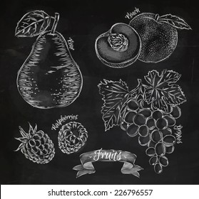 Fruit Drawn In Chalk On A Blackboard Set, Pear, Peach, Raspberry, Grape