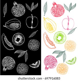 fruit drawn on the blackboard with chalk and colored on a white background set .