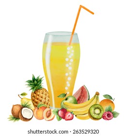 Fruit drink in glasses and fruit, watercolor vector illustration. Separately all the elements.
