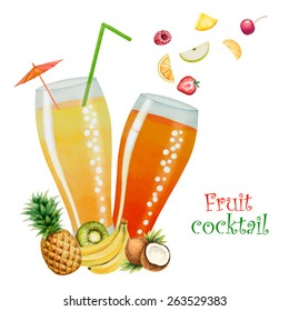 Fruit drink in glasses and fruit, watercolor vector illustration. Separately all the elements.