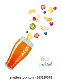 Fruit drink in glasses and fruit, watercolor vector illustration. Separately all the elements.