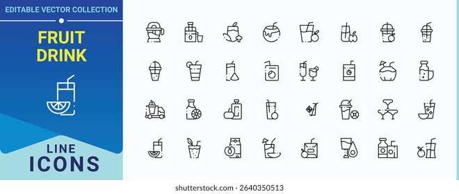Fruit Drink line icon set. Related to beverage, wine, bottle, cocktail, restaurant, tea and more. Juice icon set in linear style. Vector outline icons collection. Editable stroke. Vector collection.