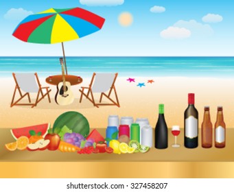 Fruit and drink on a table with sea beach background