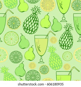 Fruit drink seamless pattern. Pineapple, lemon, lime, pear background.